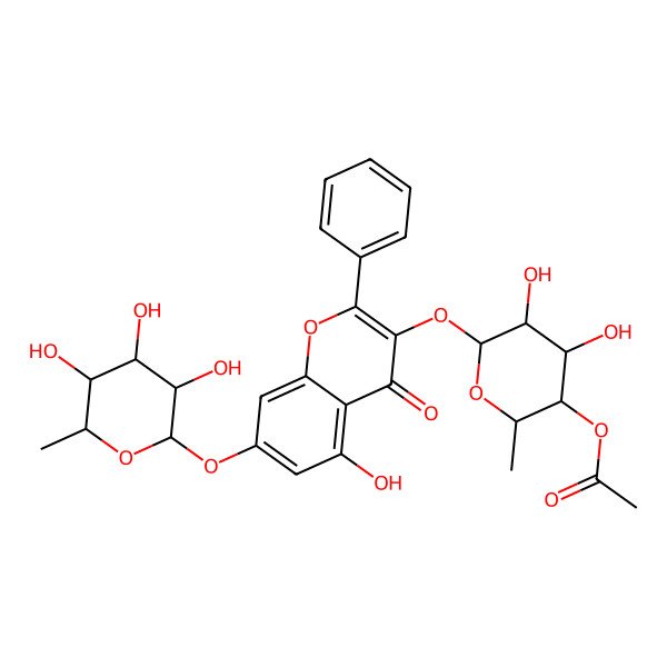 2D Structure of [4,5-Dihydroxy-6-[5-hydroxy-4-oxo-2-phenyl-7-(3,4,5-trihydroxy-6-methyloxan-2-yl)oxychromen-3-yl]oxy-2-methyloxan-3-yl] acetate