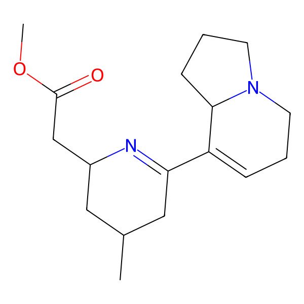 2D Structure of methyl 2-[(2S,4S)-6-[(8aR)-1,2,3,5,6,8a-hexahydroindolizin-8-yl]-4-methyl-2,3,4,5-tetrahydropyridin-2-yl]acetate