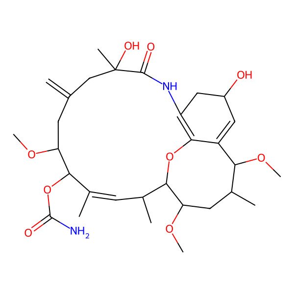 2D Structure of [(1R,2S,3E,5S,6S,10S,18R,19S,21S)-10,15-dihydroxy-6,18,21-trimethoxy-2,4,10,19-tetramethyl-8-methylidene-11-oxo-22-oxa-12-azatricyclo[11.8.2.017,23]tricosa-3,13(23),16-trien-5-yl] carbamate
