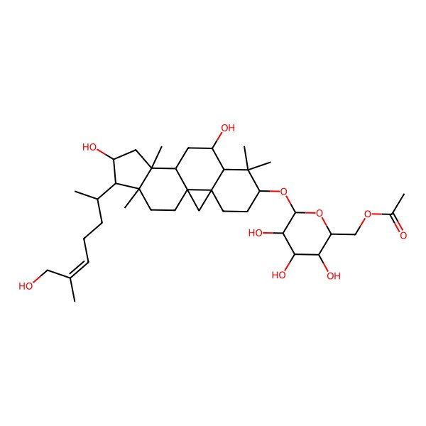 2D Structure of [6-[[9,14-Dihydroxy-15-(7-hydroxy-6-methylhept-5-en-2-yl)-7,7,12,16-tetramethyl-6-pentacyclo[9.7.0.01,3.03,8.012,16]octadecanyl]oxy]-3,4,5-trihydroxyoxan-2-yl]methyl acetate
