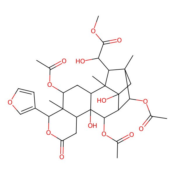 2D Structure of Methyl 2-hydroxy-2-[4,12,14-triacetyloxy-6-(furan-3-yl)-11,17-dihydroxy-1,5,15-trimethyl-8-oxo-7-oxapentacyclo[13.2.1.02,11.05,10.013,17]octadecan-18-yl]acetate