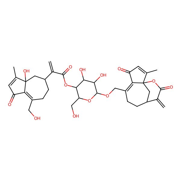 2D Structure of [(2R,3S,4R,5R,6R)-4,5-dihydroxy-2-(hydroxymethyl)-6-[[(1S,9R)-2-methyl-10-methylidene-4,11-dioxo-12-oxatricyclo[7.3.1.01,5]trideca-2,5-dien-6-yl]methoxy]oxan-3-yl] 2-[(3aS,5R)-3a-hydroxy-8-(hydroxymethyl)-3-methyl-1-oxo-4,5,6,7-tetrahydroazulen-5-yl]prop-2-enoate