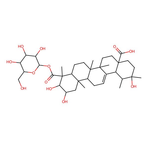 2D Structure of (1R,2S,4aR,6aR,6aS,6bR,8aR,9R,10R,11R,12aR,14bS)-2,10,11-trihydroxy-1,2,6a,6b,9,12a-hexamethyl-9-[(2S,3R,4S,5R,6R)-3,4,5-trihydroxy-6-(hydroxymethyl)oxan-2-yl]oxycarbonyl-1,3,4,5,6,6a,7,8,8a,10,11,12,13,14b-tetradecahydropicene-4a-carboxylic acid