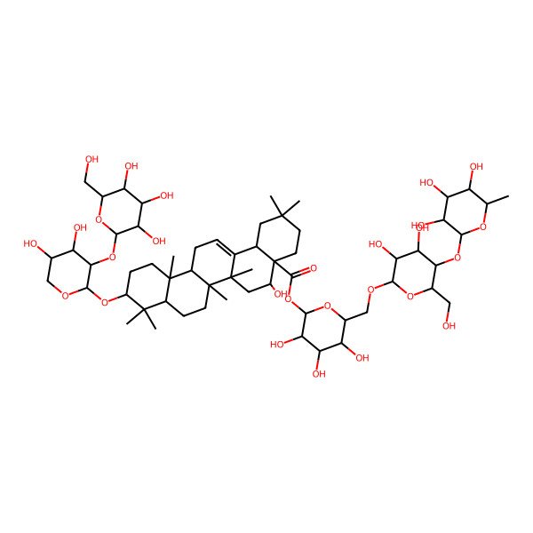 2D Structure of [(2S,3R,4S,5S,6R)-6-[[(2R,3R,4R,5S,6R)-3,4-dihydroxy-6-(hydroxymethyl)-5-[(2S,3R,4R,5R,6S)-3,4,5-trihydroxy-6-methyloxan-2-yl]oxyoxan-2-yl]oxymethyl]-3,4,5-trihydroxyoxan-2-yl] (4aR,5R,6aR,6aS,6bR,8aR,10S,12aR,14bS)-10-[(2S,3R,4S,5S)-4,5-dihydroxy-3-[(2S,3R,4S,5S,6R)-3,4,5-trihydroxy-6-(hydroxymethyl)oxan-2-yl]oxyoxan-2-yl]oxy-5-hydroxy-2,2,6a,6b,9,9,12a-heptamethyl-1,3,4,5,6,6a,7,8,8a,10,11,12,13,14b-tetradecahydropicene-4a-carboxylate