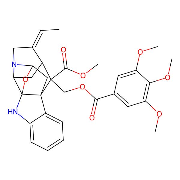 2D Structure of methyl (1R,9S,11S,15S,17S,19R)-14-ethylidene-19-[(3,4,5-trimethoxybenzoyl)oxymethyl]-18-oxa-2,12-diazahexacyclo[9.6.1.19,15.01,9.03,8.012,17]nonadeca-3,5,7-triene-19-carboxylate