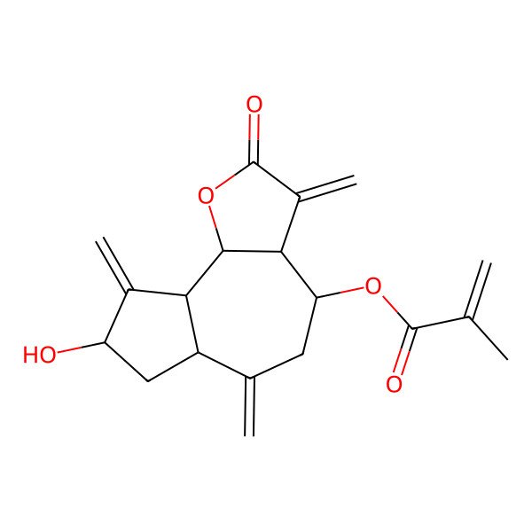 2D Structure of (8-Hydroxy-3,6,9-trimethylidene-2-oxo-3a,4,5,6a,7,8,9a,9b-octahydroazuleno[4,5-b]furan-4-yl) 2-methylprop-2-enoate