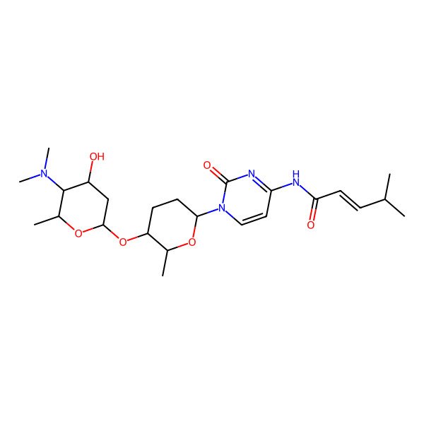 2D Structure of (E)-N-[1-[(2R,5S,6R)-5-[(4S,5S,6R)-5-(dimethylamino)-4-hydroxy-6-methyloxan-2-yl]oxy-6-methyloxan-2-yl]-2-oxopyrimidin-4-yl]-4-methylpent-2-enamide