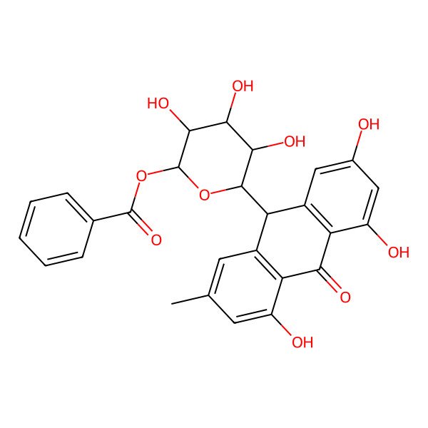 2D Structure of [(2R,3S,4S,5S,6R)-3,4,5-trihydroxy-6-[(9R)-2,4,5-trihydroxy-7-methyl-10-oxo-9H-anthracen-9-yl]oxan-2-yl] benzoate