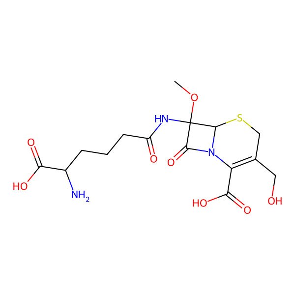 2D Structure of (7S)-7-[[(5R)-5-amino-5-carboxypentanoyl]amino]-3-(hydroxymethyl)-7-methoxy-8-oxo-5-thia-1-azabicyclo[4.2.0]oct-2-ene-2-carboxylic acid