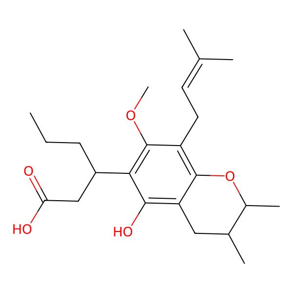 2D Structure of (3R)-3-[(2S,3R)-5-hydroxy-7-methoxy-2,3-dimethyl-8-(3-methylbut-2-enyl)-3,4-dihydro-2H-chromen-6-yl]hexanoic acid