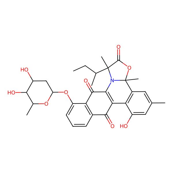 2D Structure of (1S,3aS)-1-[(2S)-butan-2-yl]-7-hydroxy-1,3a,5-trimethyl-2,8,13-trioxo-1,2,8,13-tetrahydro-3aH-benzo[b][1,3]oxazolo[3,2-f]phenanthridin-12-yl 2,6-dideoxy-alpha-L-ribo-hexopyranoside
