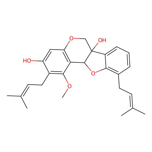 2D Structure of (6aS,11aS)-1-methoxy-2,10-bis(3-methylbut-2-enyl)-6,11a-dihydro-[1]benzofuro[3,2-c]chromene-3,6a-diol