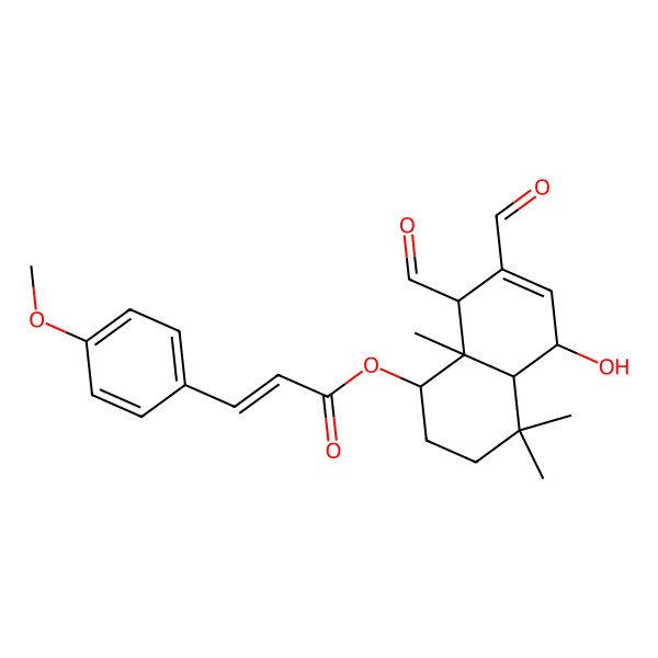 2D Structure of (7,8-Diformyl-5-hydroxy-4,4,8a-trimethyl-1,2,3,4a,5,8-hexahydronaphthalen-1-yl) 3-(4-methoxyphenyl)prop-2-enoate