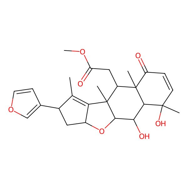 2D Structure of methyl 2-[(1S,2R,3S,4R,8R,9S,10R,13R,15S)-13-(furan-3-yl)-2,4-dihydroxy-4,8,10,12-tetramethyl-7-oxo-16-oxatetracyclo[8.6.0.03,8.011,15]hexadeca-5,11-dien-9-yl]acetate