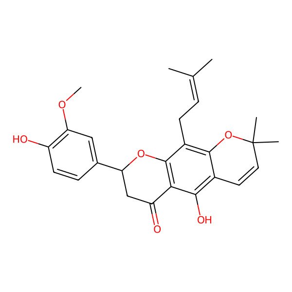 2D Structure of (8R)-5-hydroxy-8-(4-hydroxy-3-methoxyphenyl)-2,2-dimethyl-10-(3-methylbut-2-enyl)-7,8-dihydropyrano[3,2-g]chromen-6-one