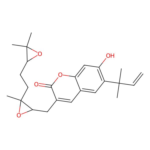 2D Structure of 3-[[(2S,3R)-3-[2-[(2R)-3,3-dimethyloxiran-2-yl]ethyl]-3-methyloxiran-2-yl]methyl]-7-hydroxy-6-(2-methylbut-3-en-2-yl)chromen-2-one