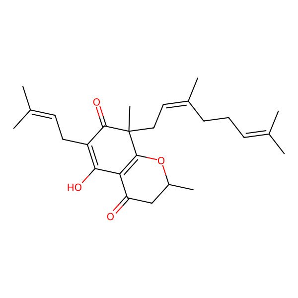 2D Structure of (2S,8R)-8-[(2E)-3,7-dimethylocta-2,6-dienyl]-5-hydroxy-2,8-dimethyl-6-(3-methylbut-2-enyl)-2,3-dihydrochromene-4,7-dione