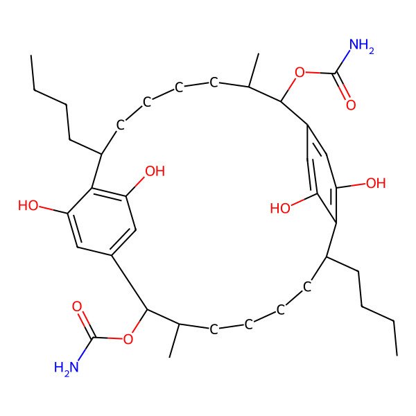 2D Structure of (8,19-Dibutyl-13-carbamoyloxy-10,21,24,26-tetrahydroxy-3,14-dimethyl-2-tricyclo[18.2.2.29,12]hexacosa-1(22),9,11,20,23,25-hexaenyl) carbamate