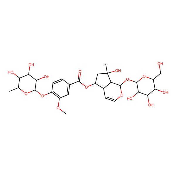 2D Structure of [(1S,4aR,5R,7S,7aS)-7-hydroxy-7-methyl-1-[(2S,3R,4S,5S,6R)-3,4,5-trihydroxy-6-(hydroxymethyl)oxan-2-yl]oxy-4a,5,6,7a-tetrahydro-1H-cyclopenta[c]pyran-5-yl] 3-methoxy-4-[(2S,3R,4R,5R,6S)-3,4,5-trihydroxy-6-methyloxan-2-yl]oxybenzoate