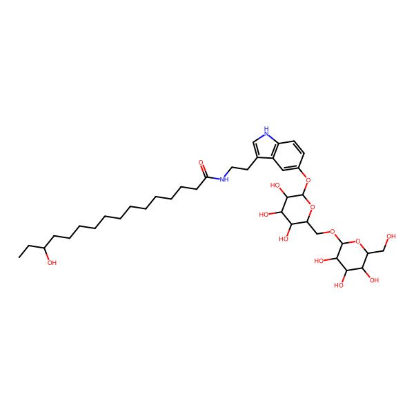 2D Structure of (14S)-14-hydroxy-N-[2-[5-[(2S,3R,4S,5S,6R)-3,4,5-trihydroxy-6-[[(2R,3R,4S,5S,6R)-3,4,5-trihydroxy-6-(hydroxymethyl)oxan-2-yl]oxymethyl]oxan-2-yl]oxy-1H-indol-3-yl]ethyl]hexadecanamide