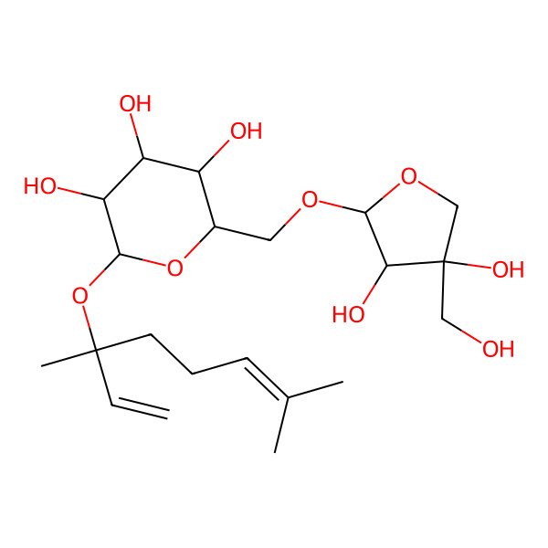 2D Structure of 2-[[3,4-Dihydroxy-4-(hydroxymethyl)oxolan-2-yl]oxymethyl]-6-(3,7-dimethylocta-1,6-dien-3-yloxy)oxane-3,4,5-triol