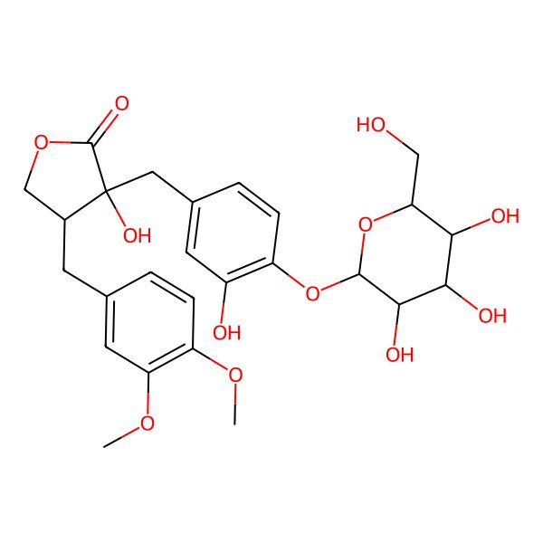 2D Structure of 4-[(3,4-Dimethoxyphenyl)methyl]-3-hydroxy-3-[[3-hydroxy-4-[3,4,5-trihydroxy-6-(hydroxymethyl)oxan-2-yl]oxyphenyl]methyl]oxolan-2-one
