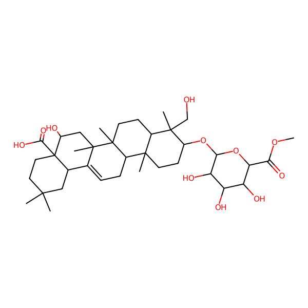 2D Structure of 5-Hydroxy-9-(hydroxymethyl)-2,2,6a,6b,9,12a-hexamethyl-10-(3,4,5-trihydroxy-6-methoxycarbonyloxan-2-yl)oxy-1,3,4,5,6,6a,7,8,8a,10,11,12,13,14b-tetradecahydropicene-4a-carboxylic acid
