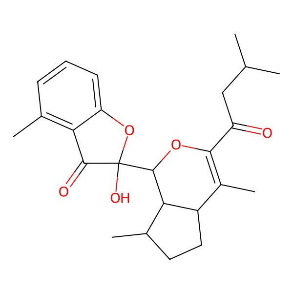 2D Structure of 2-[4,7-Dimethyl-3-(3-methylbutanoyl)-1,4a,5,6,7,7a-hexahydrocyclopenta[c]pyran-1-yl]-2-hydroxy-4-methyl-1-benzofuran-3-one