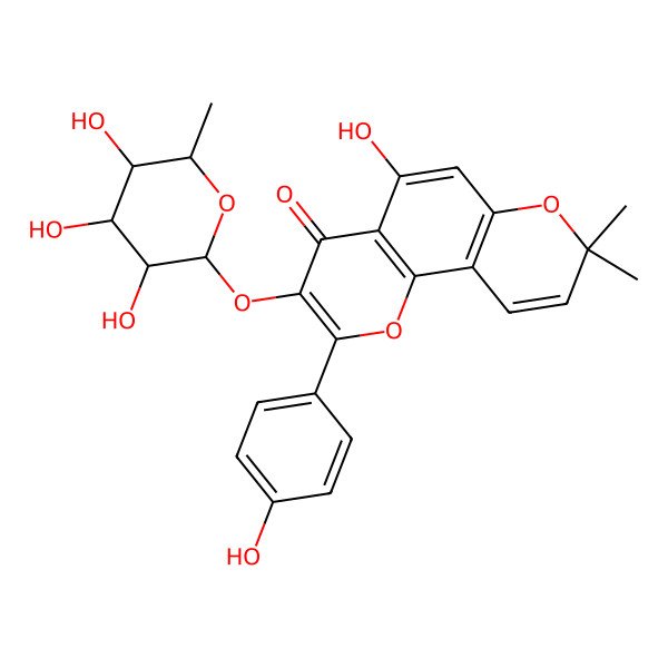 2D Structure of 5-hydroxy-2-(4-hydroxyphenyl)-8,8-dimethyl-3-[(2S,3S,4R,5R,6S)-3,4,5-trihydroxy-6-methyloxan-2-yl]oxypyrano[2,3-h]chromen-4-one