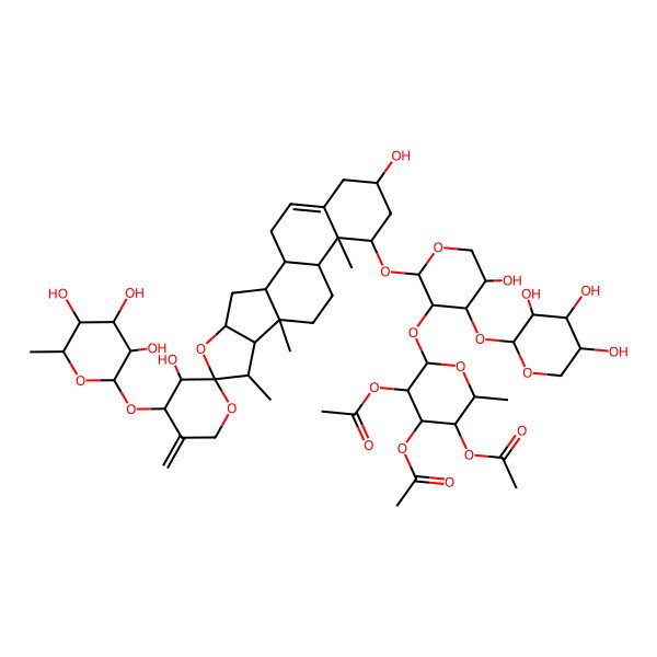 2D Structure of [(2S,3S,4R,5R,6S)-4,5-diacetyloxy-6-[(2S,3R,4S,5S)-2-[(1S,2S,3'S,4S,4'S,6S,7S,8R,9S,12S,13R,14R,16R)-3',16-dihydroxy-7,9,13-trimethyl-5'-methylidene-4'-[(2S,3R,4S,5R,6R)-3,4,5-trihydroxy-6-methyloxan-2-yl]oxyspiro[5-oxapentacyclo[10.8.0.02,9.04,8.013,18]icos-18-ene-6,2'-oxane]-14-yl]oxy-5-hydroxy-4-[(2S,3R,4S,5R)-3,4,5-trihydroxyoxan-2-yl]oxyoxan-3-yl]oxy-2-methyloxan-3-yl] acetate