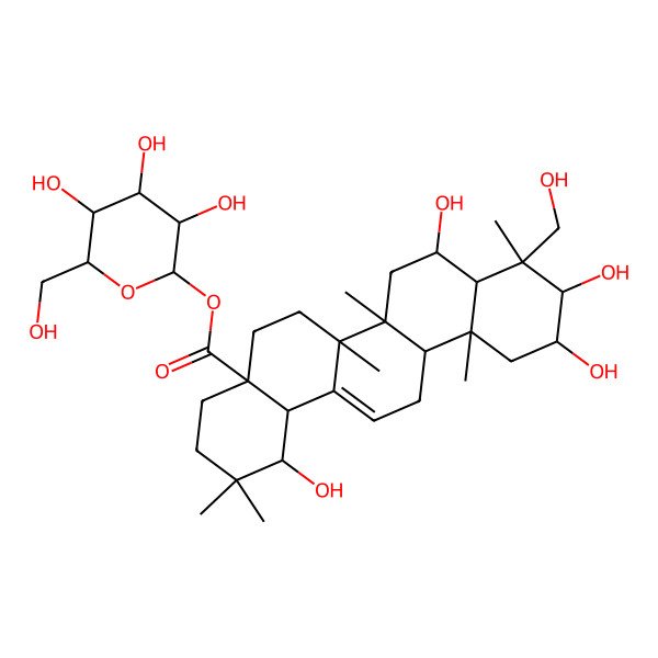 2D Structure of [(2S,3R,4S,5S,6R)-3,4,5-trihydroxy-6-(hydroxymethyl)oxan-2-yl] (1S,4aR,6aR,6aS,6bR,8R,8aR,9R,10R,11R,12aR,14bS)-1,8,10,11-tetrahydroxy-9-(hydroxymethyl)-2,2,6a,6b,9,12a-hexamethyl-1,3,4,5,6,6a,7,8,8a,10,11,12,13,14b-tetradecahydropicene-4a-carboxylate