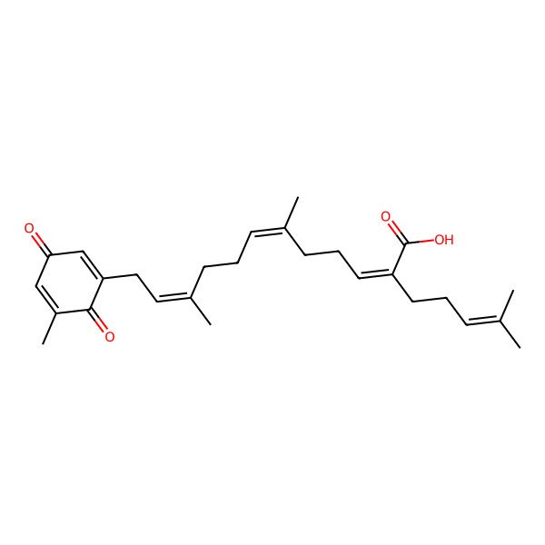 2D Structure of (2E,6E,10E)-6,10-dimethyl-12-(5-methyl-3,6-dioxocyclohexa-1,4-dien-1-yl)-2-(4-methylpent-3-enyl)dodeca-2,6,10-trienoic acid 2D Structure of (2E,6E,10E)-6,10-dimethyl-12-(5-methyl-3,6-dioxocyclohexa-1,4-dien-1-yl)-2-(4-methylpent-3-enyl)dodeca-2,6,10-trienoic acid