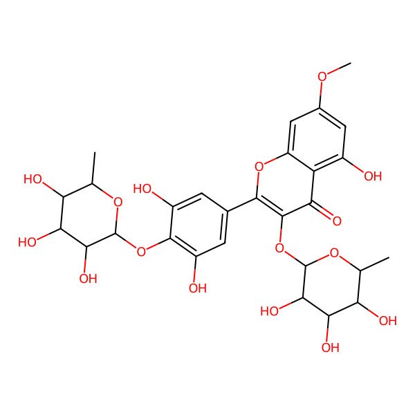 2D Structure of 2-[3,5-Dihydroxy-4-(3,4,5-trihydroxy-6-methyloxan-2-yl)oxyphenyl]-5-hydroxy-7-methoxy-3-(3,4,5-trihydroxy-6-methyloxan-2-yl)oxychromen-4-one