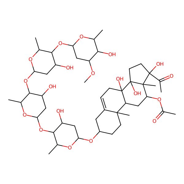 2D Structure of [(3R,8R,9R,10R,12R,13S,14S,17S)-17-acetyl-8,14,17-trihydroxy-3-[(2R,4R,5S,6R)-4-hydroxy-5-[(2S,4R,5S,6R)-4-hydroxy-5-[(2S,4R,5S,6R)-4-hydroxy-5-[(2S,4R,5R,6R)-5-hydroxy-4-methoxy-6-methyloxan-2-yl]oxy-6-methyloxan-2-yl]oxy-6-methyloxan-2-yl]oxy-6-methyloxan-2-yl]oxy-10,13-dimethyl-1,2,3,4,7,9,11,12,15,16-decahydrocyclopenta[a]phenanthren-12-yl] acetate