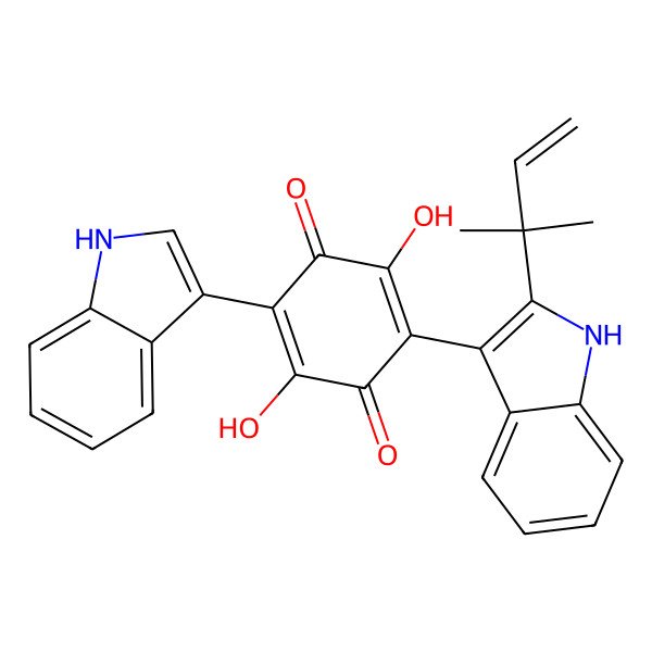 2D Structure of 2,5-Cyclohexadiene-1,4-dione, 2-(2-(1,1-dimethyl-2-propenyl)-1H-indol-3-yl)-3,6-dihydroxy-5-(1H-indol-3-yl)-