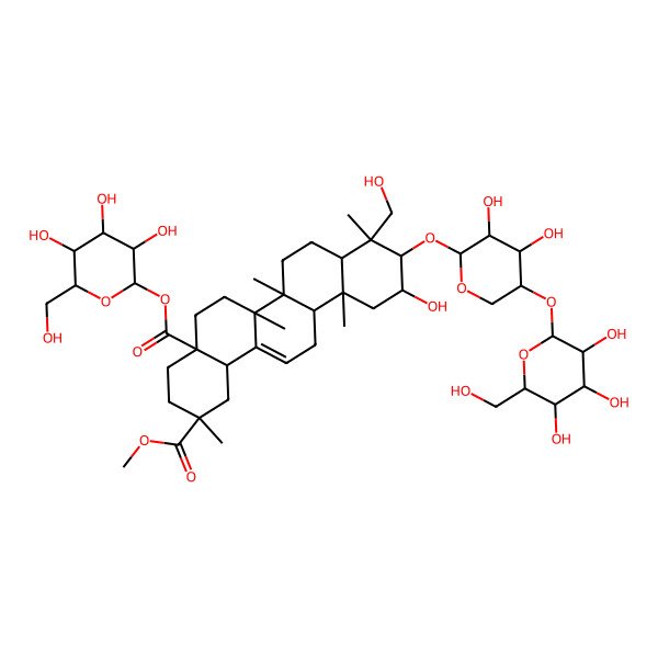2D Structure of 2-O-methyl 4a-O-[3,4,5-trihydroxy-6-(hydroxymethyl)oxan-2-yl] (2R,4aR,6aR,6aS,6bR,9R,12aR,14bR)-10-[3,4-dihydroxy-5-[3,4,5-trihydroxy-6-(hydroxymethyl)oxan-2-yl]oxyoxan-2-yl]oxy-11-hydroxy-9-(hydroxymethyl)-2,6a,6b,9,12a-pentamethyl-1,3,4,5,6,6a,7,8,8a,10,11,12,13,14b-tetradecahydropicene-2,4a-dicarboxylate