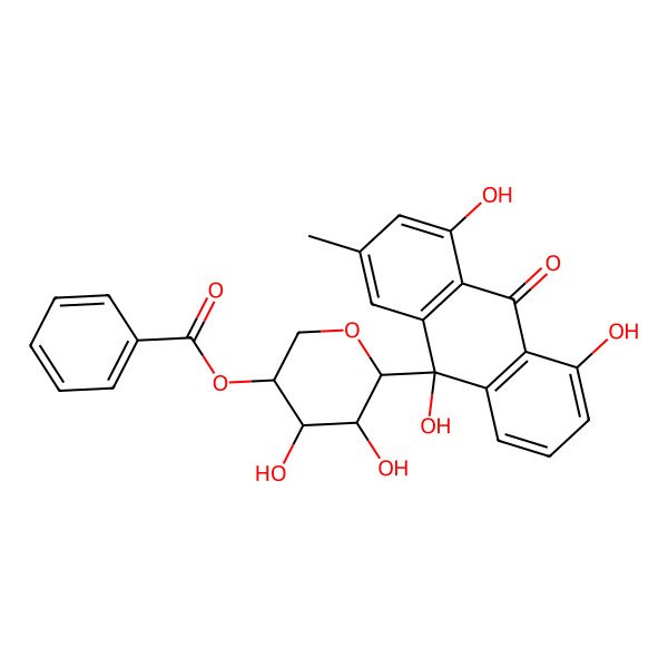 2D Structure of [(3R,4S,5S,6S)-4,5-dihydroxy-6-[(9R)-4,5,9-trihydroxy-2-methyl-10-oxoanthracen-9-yl]oxan-3-yl] benzoate