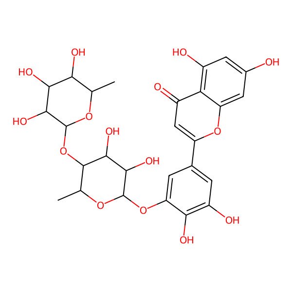 2D Structure of 2-[3-[(2S,3S,4S,5R,6S)-3,4-dihydroxy-6-methyl-5-[(2S,3S,4R,5R,6S)-3,4,5-trihydroxy-6-methyloxan-2-yl]oxyoxan-2-yl]oxy-4,5-dihydroxyphenyl]-5,7-dihydroxychromen-4-one