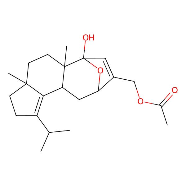 2D Structure of (1-Hydroxy-2,5-dimethyl-8-propan-2-yl-15-oxatetracyclo[10.2.1.02,10.05,9]pentadeca-8,13-dien-13-yl)methyl acetate