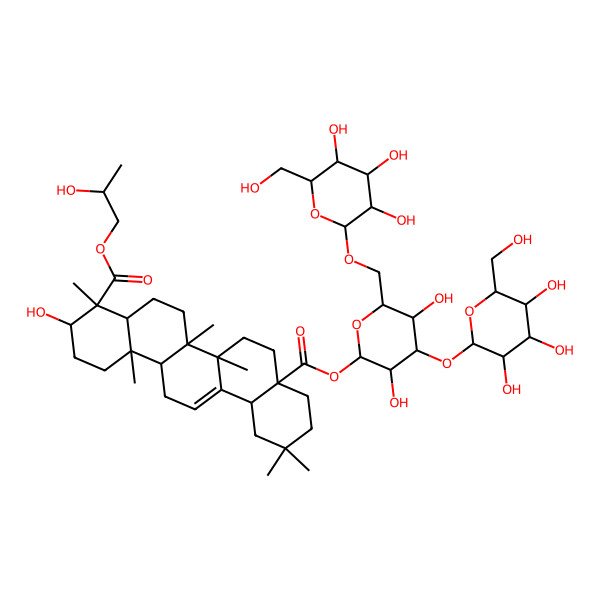 2D Structure of 8a-O-[3,5-dihydroxy-4-[3,4,5-trihydroxy-6-(hydroxymethyl)oxan-2-yl]oxy-6-[[3,4,5-trihydroxy-6-(hydroxymethyl)oxan-2-yl]oxymethyl]oxan-2-yl] 4-O-(2-hydroxypropyl) 3-hydroxy-4,6a,6b,11,11,14b-hexamethyl-1,2,3,4a,5,6,7,8,9,10,12,12a,14,14a-tetradecahydropicene-4,8a-dicarboxylate