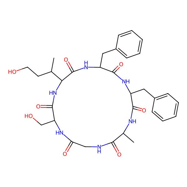 2D Structure of (3R,6S,9R,12S,15S)-6,9-dibenzyl-12-[(2R)-4-hydroxybutan-2-yl]-15-(hydroxymethyl)-3-methyl-1,4,7,10,13,16-hexazacyclooctadecane-2,5,8,11,14,17-hexone