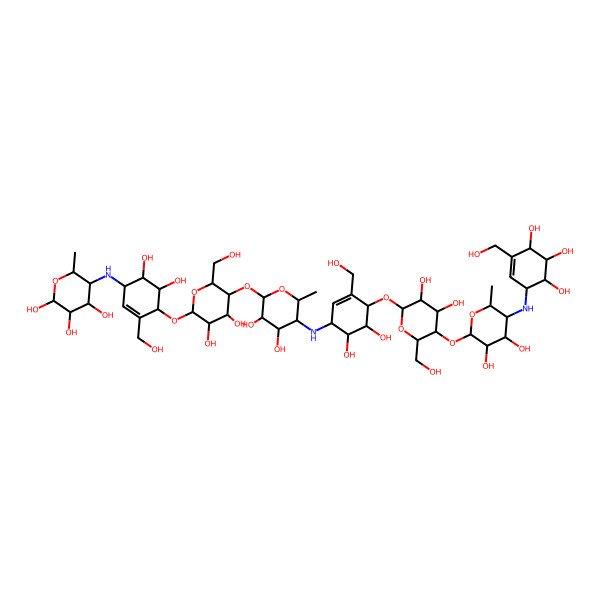 2D Structure of (3S,4R,5R)-5-[[(4S,5S,6R)-4-[(3S,4S,5R)-5-[(3S,4R,5R)-5-[[(4S,5S,6R)-4-[(3S,4S,5R)-5-[(3S,4R,5R)-3,4-dihydroxy-6-methyl-5-[[(4S,5R,6R)-4,5,6-trihydroxy-3-(hydroxymethyl)cyclohex-2-en-1-yl]amino]oxan-2-yl]oxy-3,4-dihydroxy-6-(hydroxymethyl)oxan-2-yl]oxy-5,6-dihydroxy-3-(hydroxymethyl)cyclohex-2-en-1-yl]amino]-3,4-dihydroxy-6-methyloxan-2-yl]oxy-3,4-dihydroxy-6-(hydroxymethyl)oxan-2-yl]oxy-5,6-dihydroxy-3-(hydroxymethyl)cyclohex-2-en-1-yl]amino]-6-methyloxane-2,3,4-triol