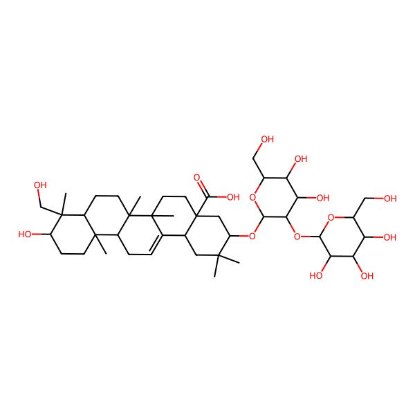 2D Structure of (3S,4aR,6aR,6aS,6bS,8aR,9R,10S,12aR,14bS)-3-[(2R,3R,4S,5S,6R)-4,5-dihydroxy-6-(hydroxymethyl)-3-[(2S,3R,4S,5S,6R)-3,4,5-trihydroxy-6-(hydroxymethyl)oxan-2-yl]oxyoxan-2-yl]oxy-10-hydroxy-9-(hydroxymethyl)-2,2,6a,6b,9,12a-hexamethyl-1,3,4,5,6,6a,7,8,8a,10,11,12,13,14b-tetradecahydropicene-4a-carboxylic acid