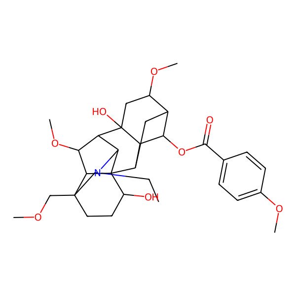 2D Structure of [(1R,2R,3R,4R,5R,6S,8R,9S,10S,13R,16S,17S,18S)-11-ethyl-8,16-dihydroxy-6,18-dimethoxy-13-(methoxymethyl)-11-azahexacyclo[7.7.2.12,5.01,10.03,8.013,17]nonadecan-4-yl] 4-methoxybenzoate