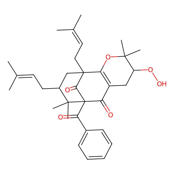 2D Structure of (1S,5S,9S,11R)-9-benzoyl-5-hydroperoxy-4,4,10,10-tetramethyl-1,11-bis(3-methylbut-2-enyl)-3-oxatricyclo[7.3.1.02,7]tridec-2(7)-ene-8,13-dione