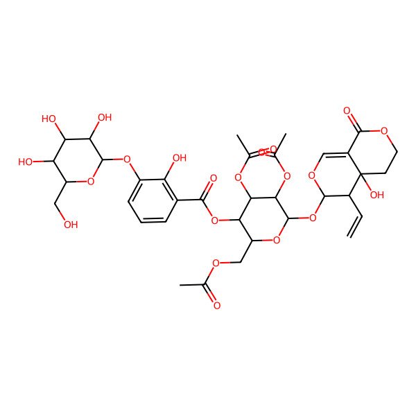 2D Structure of [4,5-Diacetyloxy-2-(acetyloxymethyl)-6-[(4-ethenyl-4a-hydroxy-8-oxo-3,4,5,6-tetrahydropyrano[3,4-c]pyran-3-yl)oxy]oxan-3-yl] 2-hydroxy-3-[3,4,5-trihydroxy-6-(hydroxymethyl)oxan-2-yl]oxybenzoate