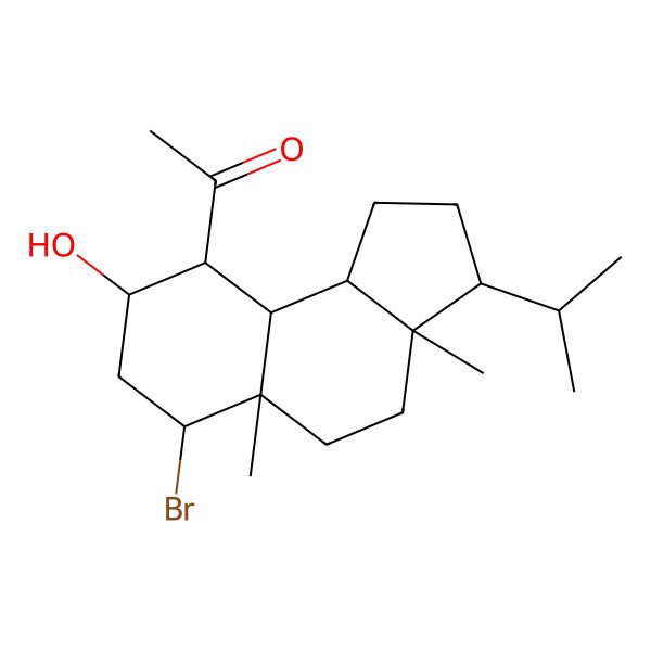 2D Structure of 1-[(3S,3aS,5aS,6S,8S,9S,9aS,9bR)-6-bromo-8-hydroxy-3a,5a-dimethyl-3-propan-2-yl-2,3,4,5,6,7,8,9,9a,9b-decahydro-1H-cyclopenta[a]naphthalen-9-yl]ethanone