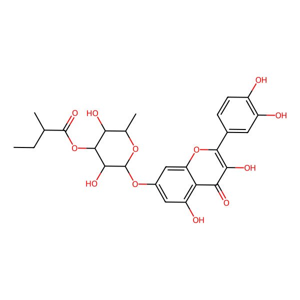 2D Structure of [(2S,3R,4R,5S,6S)-2-[2-(3,4-dihydroxyphenyl)-3,5-dihydroxy-4-oxochromen-7-yl]oxy-3,5-dihydroxy-6-methyloxan-4-yl] (2S)-2-methylbutanoate
