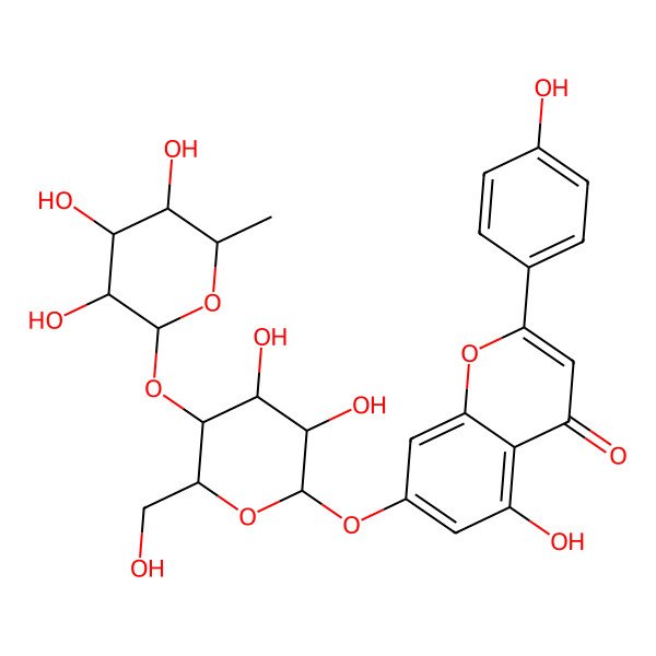 2D Structure of 7-[(2R,3S,4S,5R,6S)-3,4-dihydroxy-6-(hydroxymethyl)-5-[(2S,3S,4S,5S,6R)-3,4,5-trihydroxy-6-methyloxan-2-yl]oxyoxan-2-yl]oxy-5-hydroxy-2-(4-hydroxyphenyl)chromen-4-one
