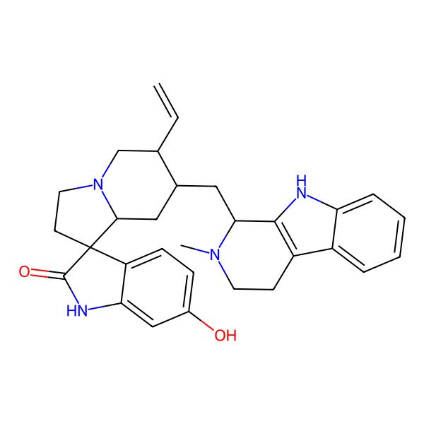 2D Structure of (3R,6'R,7'R,8'aS)-6'-ethenyl-6-hydroxy-7'-[[(1S)-2-methyl-1,3,4,9-tetrahydropyrido[3,4-b]indol-1-yl]methyl]spiro[1H-indole-3,1'-3,5,6,7,8,8a-hexahydro-2H-indolizine]-2-one